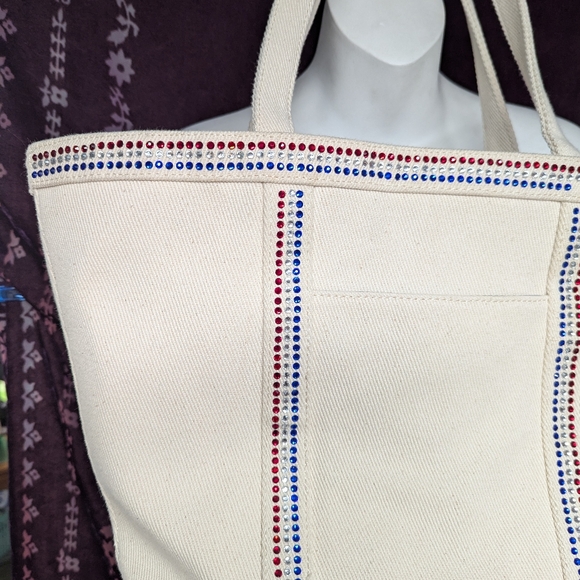NWT! canvas tote!! Red,white&blue gemstones!4 handles for shoulder or hand carry - Picture 5 of 9